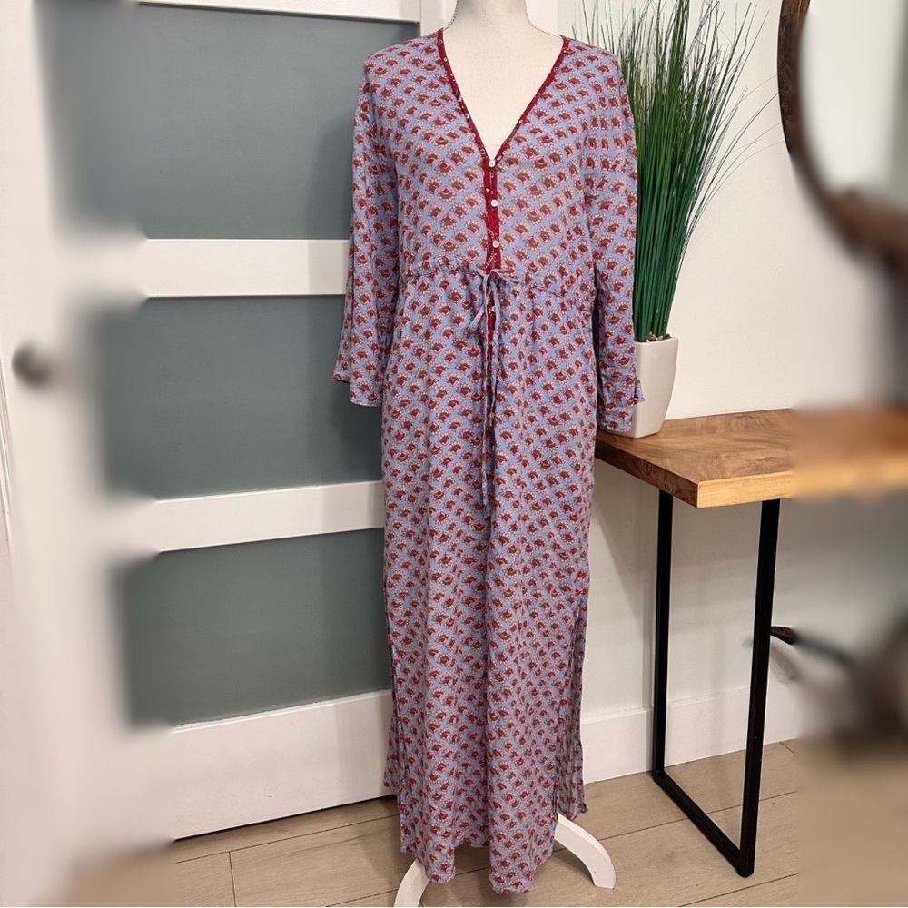 XIRENA Myrah Maxi Dress SZ XS Light Blue Red Lightweight Gauzy Boho GUC